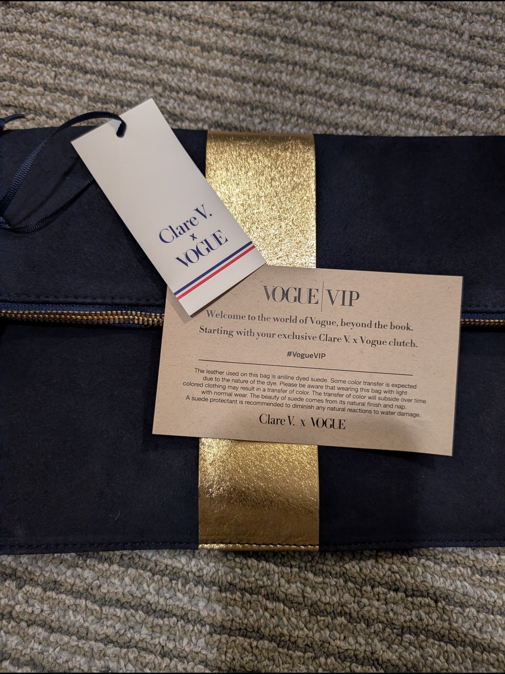 Clare V Navy Suede Clutch with Gold Accent